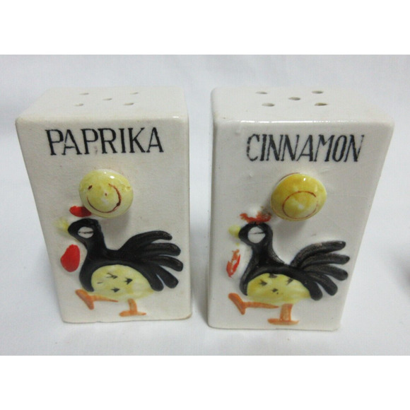Vintage Spice Rack Ceramic Rooster 6 Jar Set Wood Wall Japan 1950s 7.5" x 7" - Picture 3 of 14